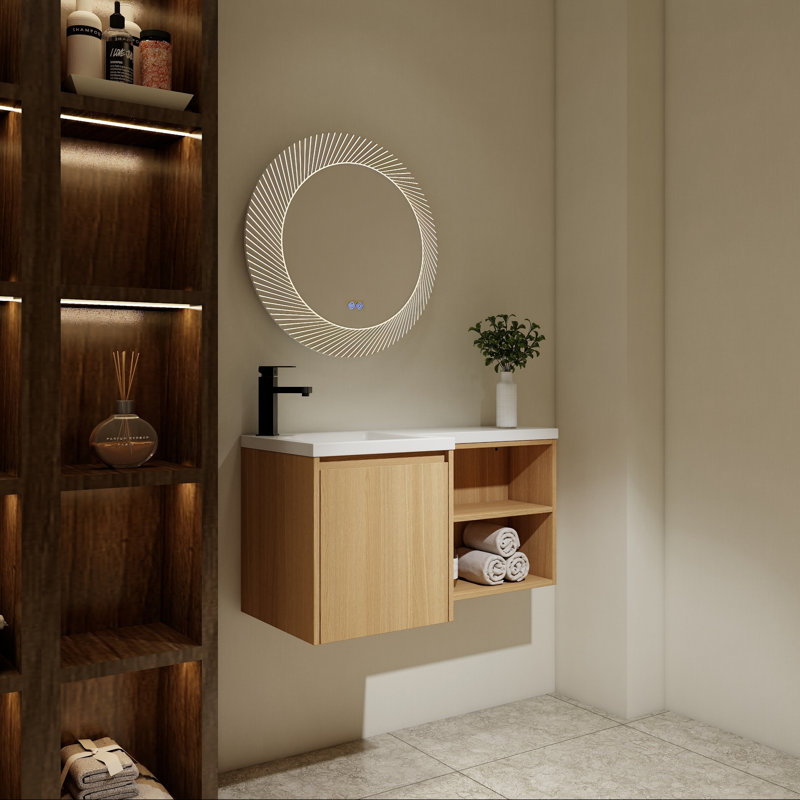 Meuble-lavabo de coin mural 36 po avec lavabo en résine, finition chêne clair, Gauche