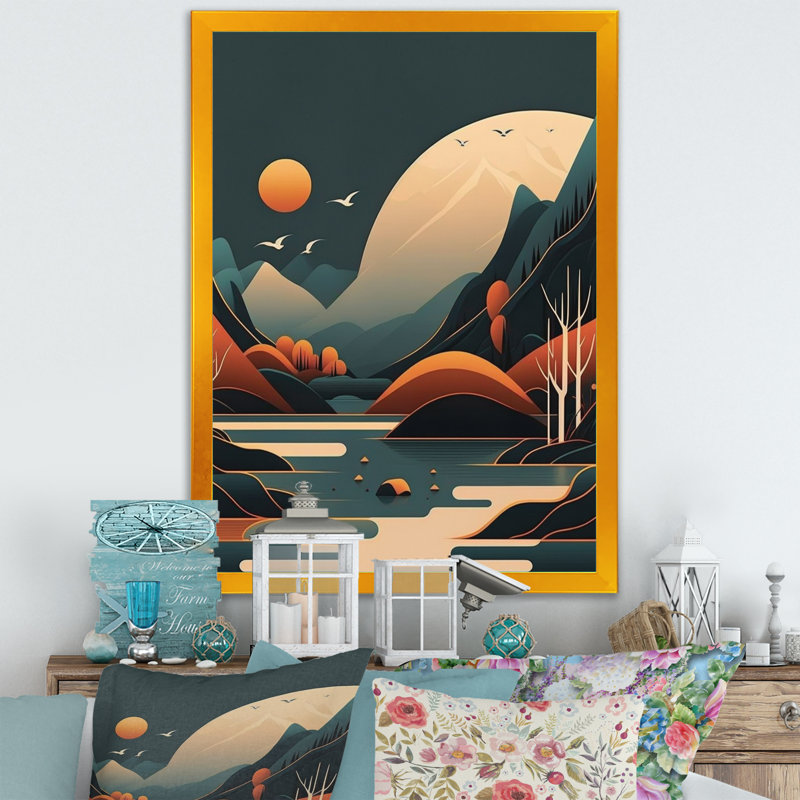 Lune dans les montagnes V - reproduction sur toile, Impression dorée sur toile encadrée, H 44 po x l 34 po x P 1,5 po