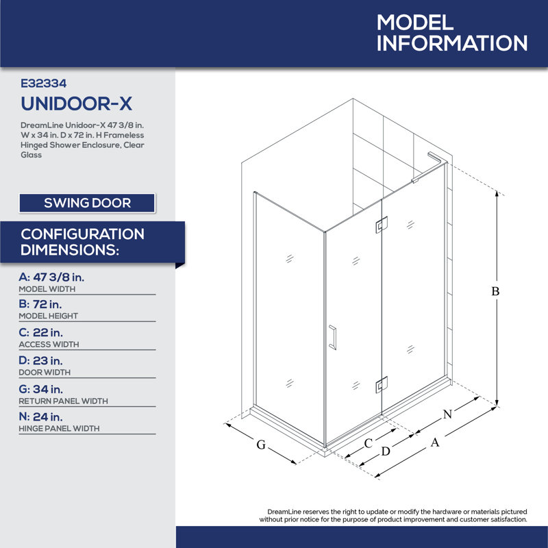 Unidoor-X 47.38" x 72" Rectangle Hinged Shower Enclosure, Matte Black, Right Side, 47.375" W x 34" D50