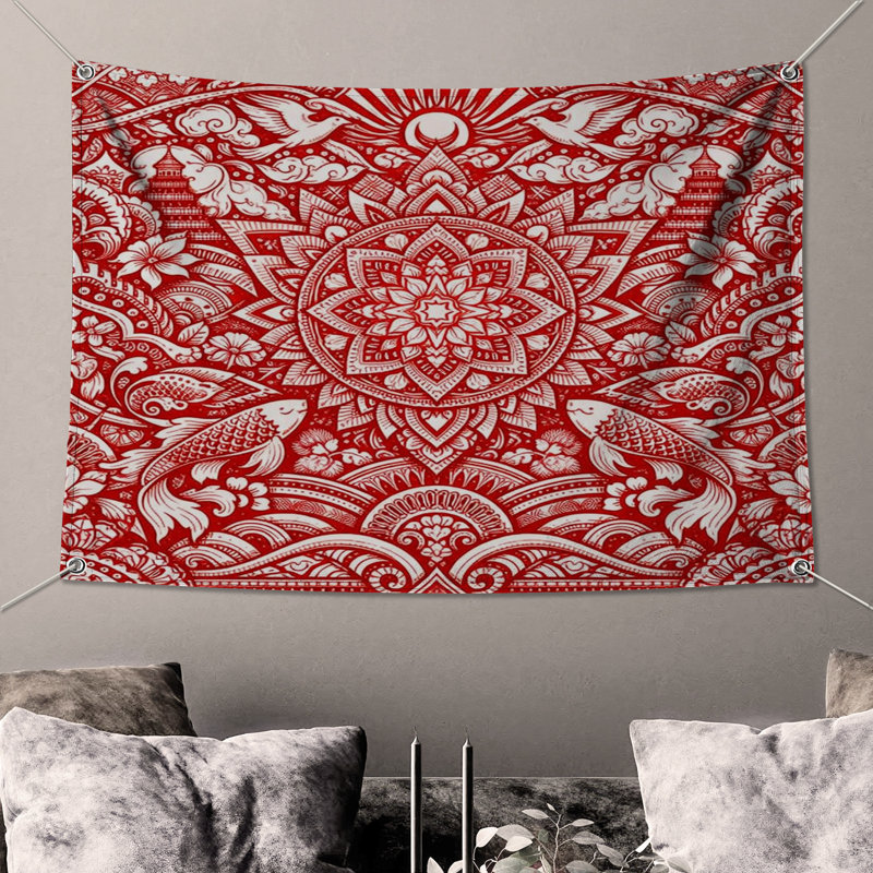 Tapisserie murale rouge complexe - Mandala, 50in H x60in W with 4 Grommets