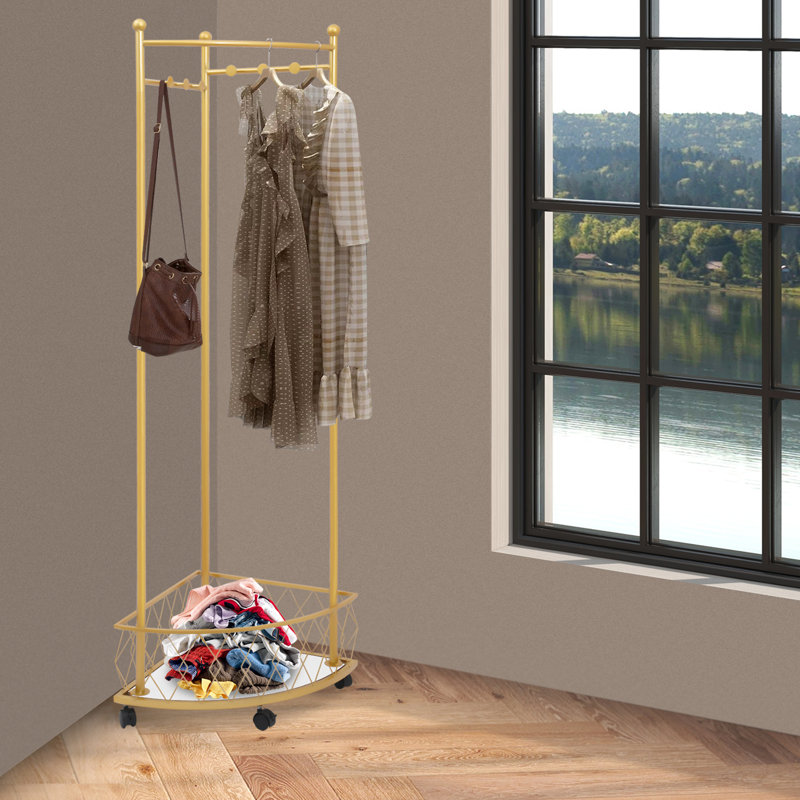 Corner Clothes Rack With Wheels, Mobile Storage Stand With Hooks & Shelf, Gold