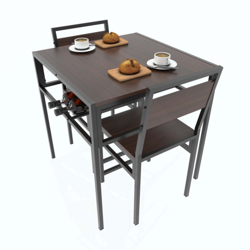 Ensemble de table de salle à manger industrielle avec 2 chaises, petite table de cuisine carrée avec support de rangement pour petit appartement