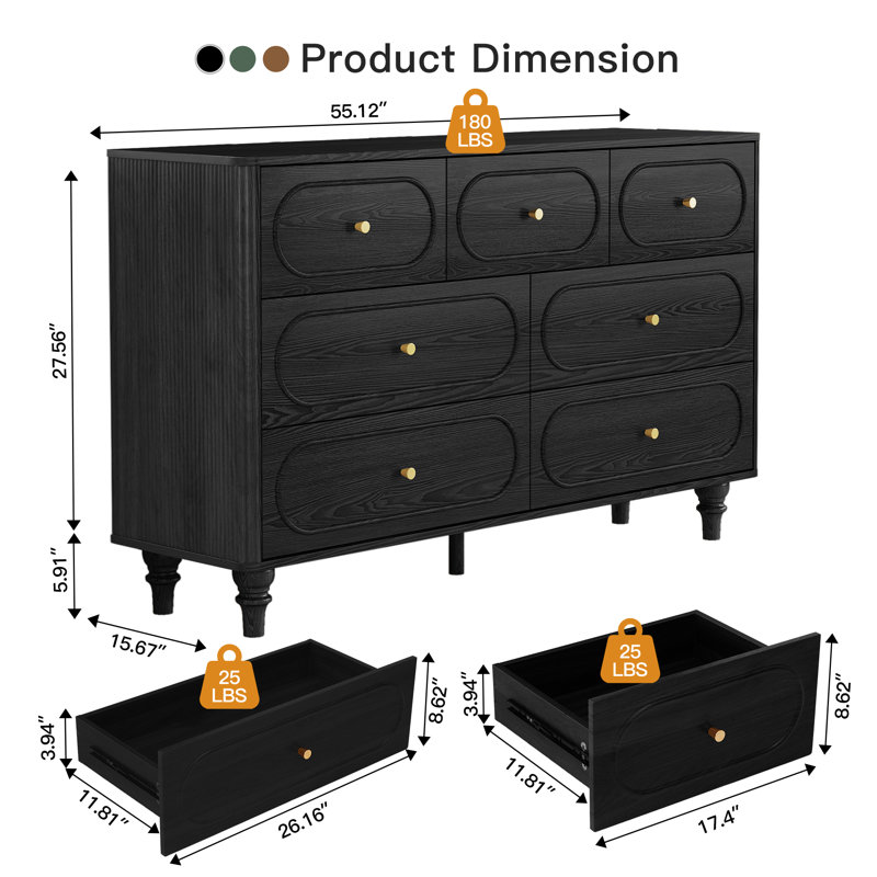 55.12'' W 7 - Drawer Dresser, Black