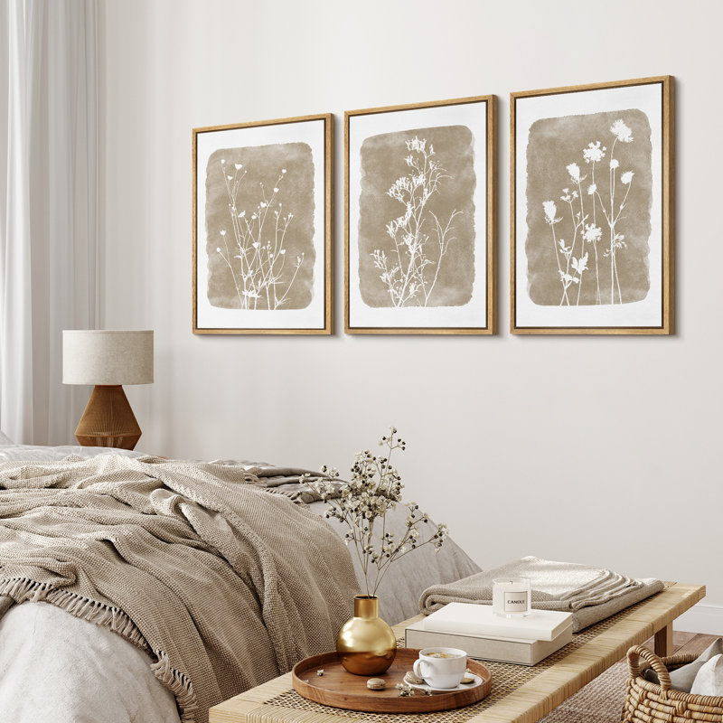 Simple Rustic Botanical Floral Vintage Wildflower Pictures Framed On Canvas 3 Pieces Print Wall Art, Natural