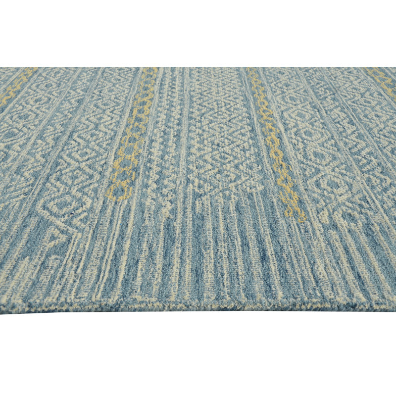 Blige Hand Hooked Wool Blue Area Rug, Runner 2'3" x 8'
