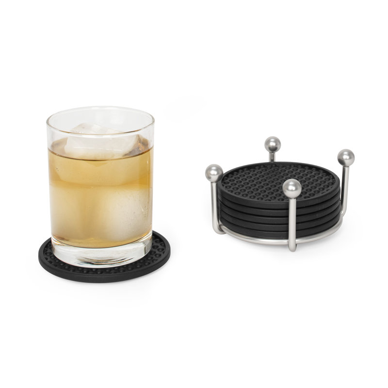 PantryWorks Stainless Steel Round 1 Piece Coaster Set With Holder, Satin Nickel