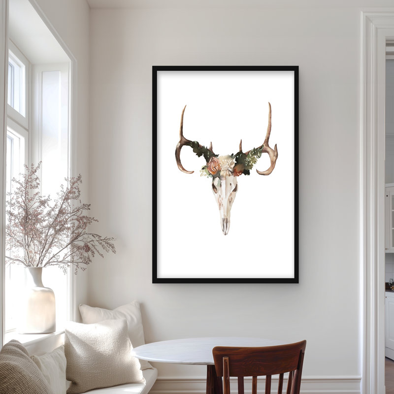 «Deer Skull with Roses - Hygge Animals», reproduction d'art encadrée, Noir