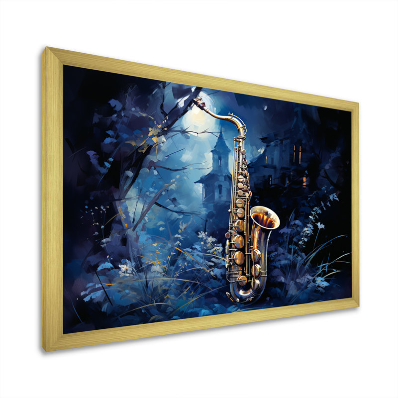 Saxophone bleu minuit - musique encadrée, art mural, Cadre doré simple, H 12 po x l 20 po x P 1 po