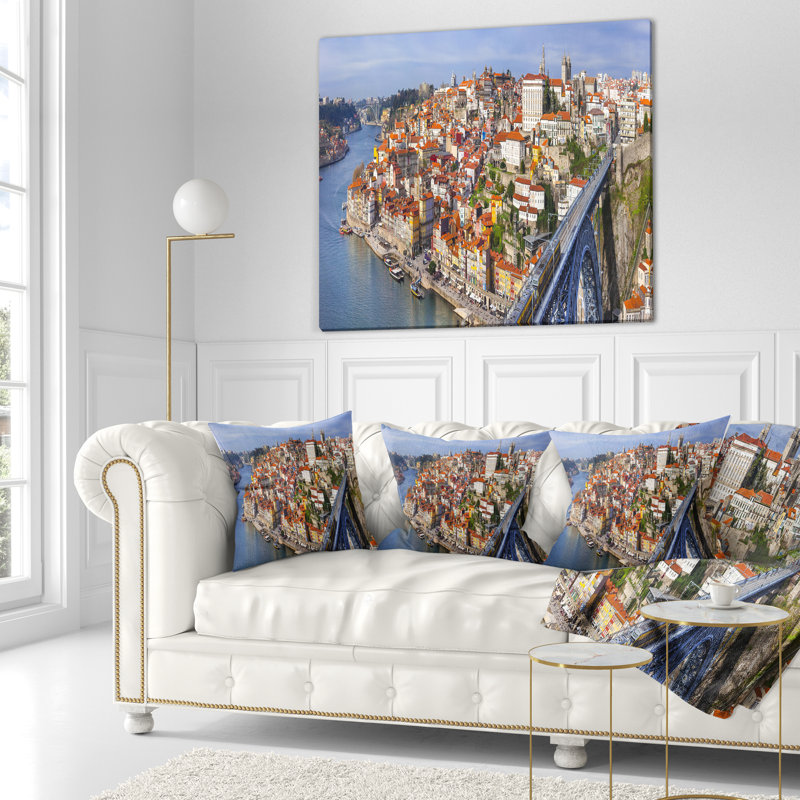 Coussin décoratif panoramique cityscape porto city, 16 po x 1 po, Coussin décoratif
