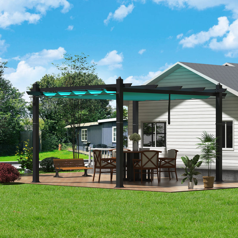 10x13 Ft Outdoor Pergola Imitation wood grain column white curtain fabric white mesh Retractable Pergola with Adjustable Canopy Weatherproof Aluminum Pergola Small Patio Pergola Canopy for Backyard