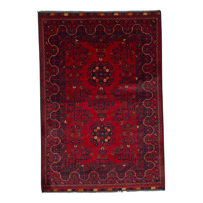 Tapis unique en laine noué à la main de 3 pi 3 po x 4 pi 11 po rouge / noir