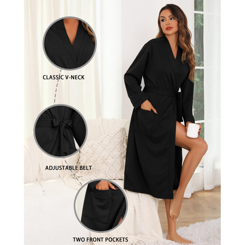 Rocklan Waffle Mid-Calf Bathrobe, M, Black