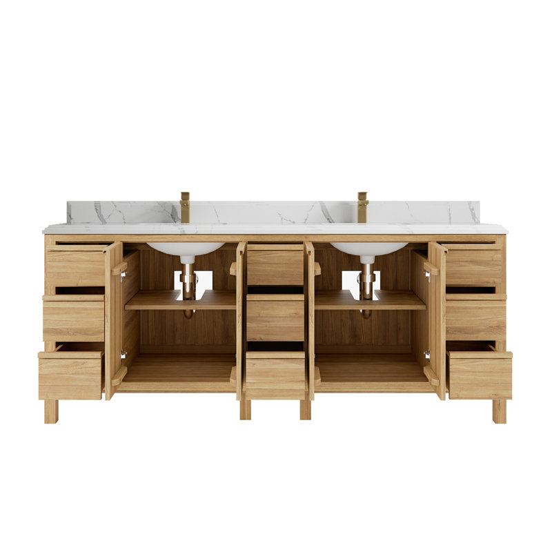 84'' Double Bathroom Vanity with Quartz Top, Calacatta Laza, Light Brown
