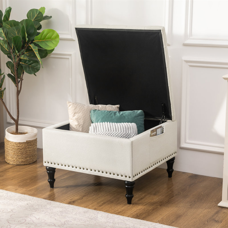 28" Square Storage Ottoman Bench, Beige
