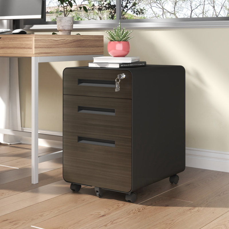 3-Drawer Wide Mobile File Cabinet With Lock, Black