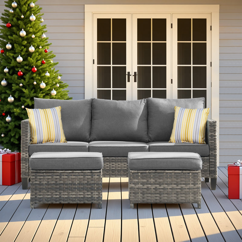 Canapé de patio extérieur en osier avec coussins de 76,77 po de large Harbin, Gris foncé