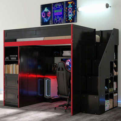 Gaming Loft Bed With Desk And Storage,LED Lights, Twin