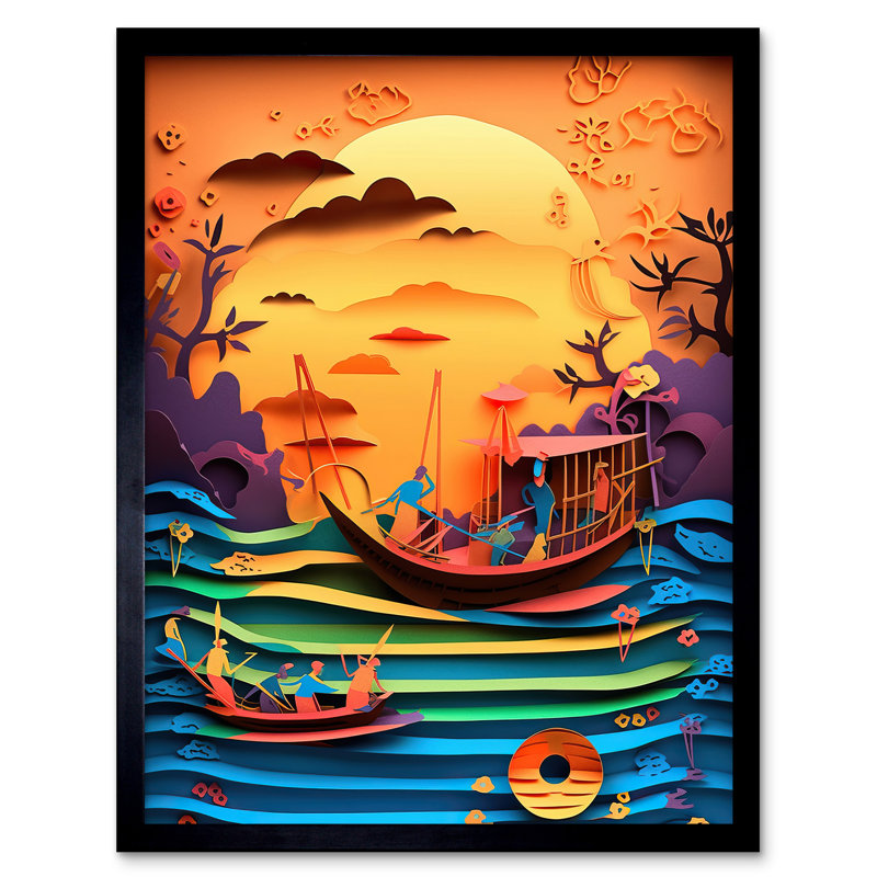 Multi-Dimensional Kirigami Fishing Boats At Sunset - Single Picture Frame Print