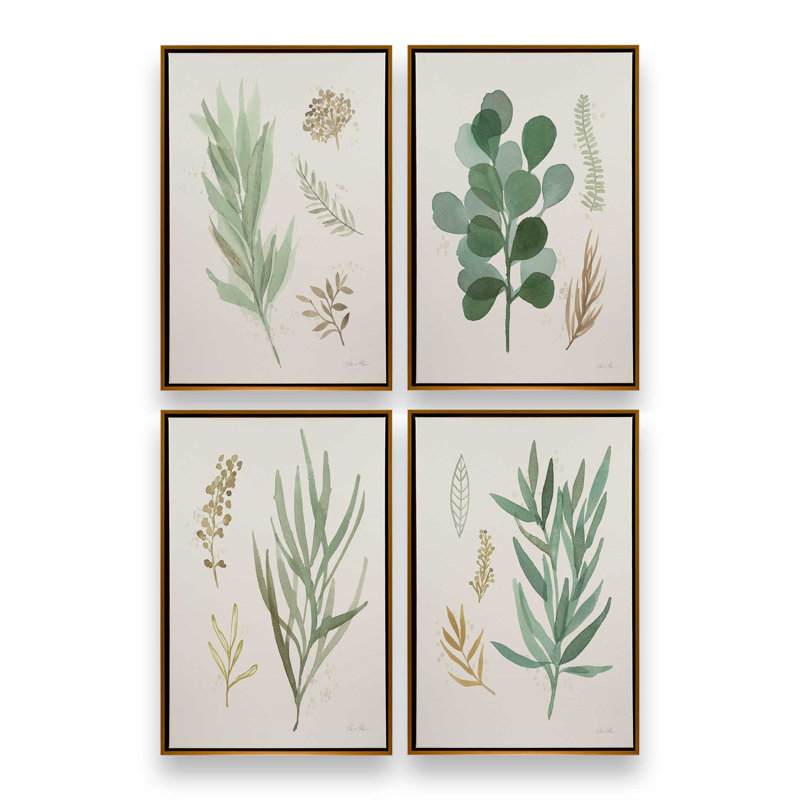 Ensemble de 4 «Earthy Greens in Bloom», H 19 po x l 52 po, Cadre flottant or poli
