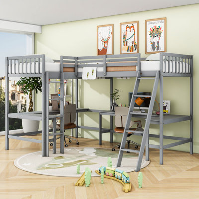Twin & Twin Wood L-Shaped Loft Bed With 2 Built-In Desks