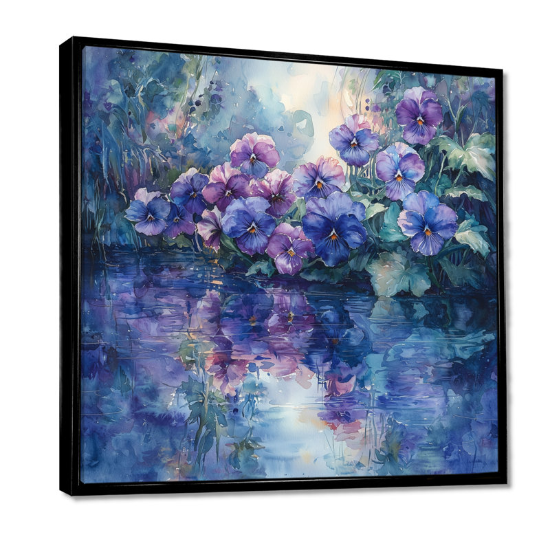 Pensée de fleurs, reflets au bord du lac I - Pensées, art mural, Impression encadrée flottante, H 30 po x l 30 po