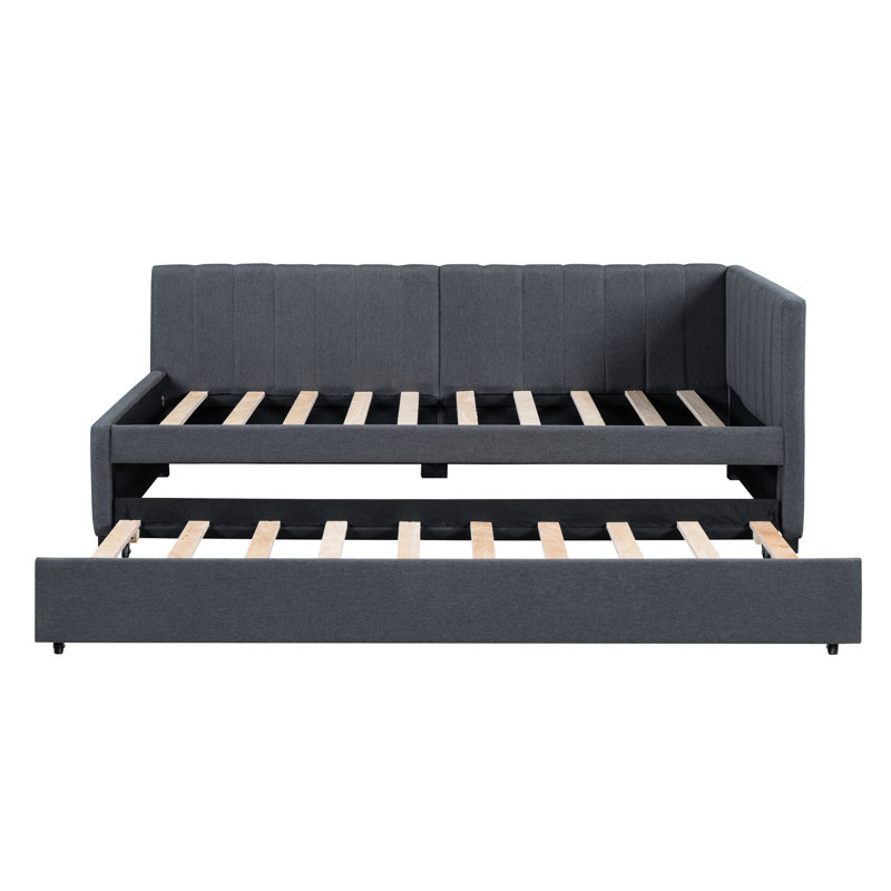 Twin Size Daybed With Upholstered Trundle, Gray Linen, No Box Spring, Stylish Option Linen Cloth, Robust Bed Character, Mark