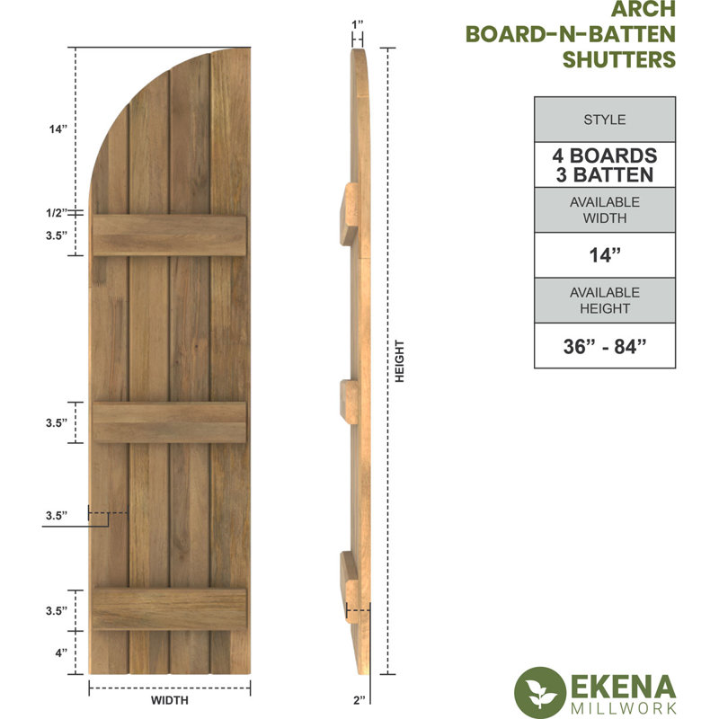 AmeriCraft - Panneau en bois véritable à 4 planches (3 lattes), extérieur jointif, volets en forme de voûte et de planches, l 14 po x H 35 po, gris grêle, (par paire)