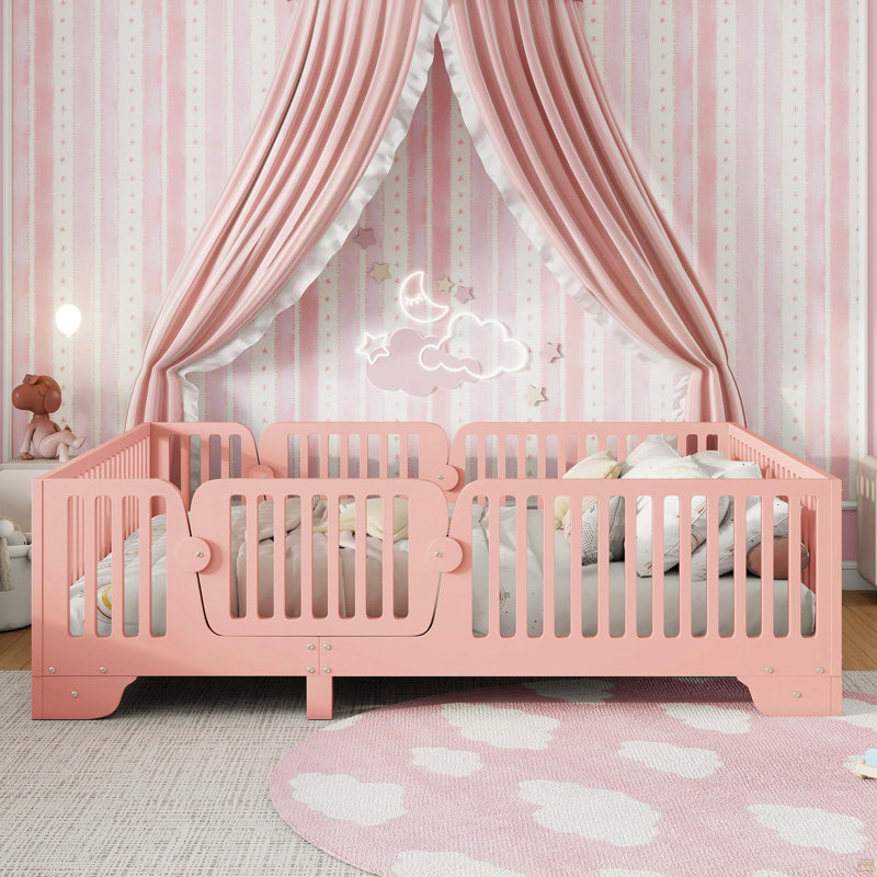 Lit double avec lattes et clôture, lit double Montessori avec porte, Rose