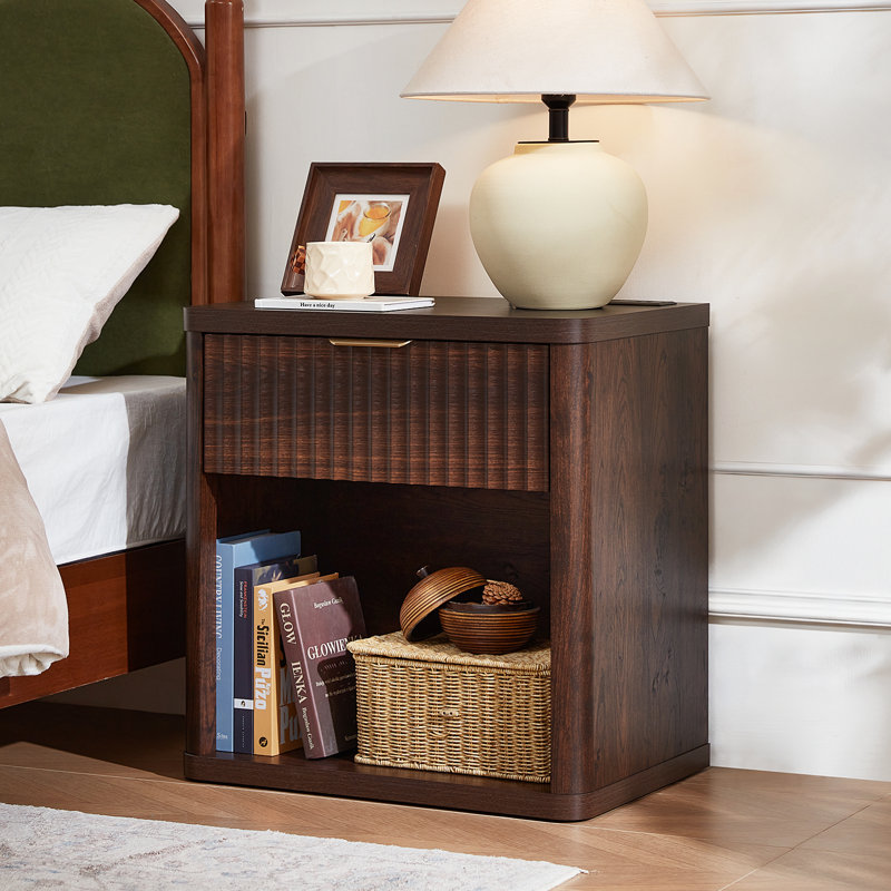 Fluted Nightstand With Charging Station, 23" Wide 1 Drawers Night Stand,End Table With Open Storage,Farmhouse Bed Side Tables, Wood Dresser For Bedroom, Living Room, Closet