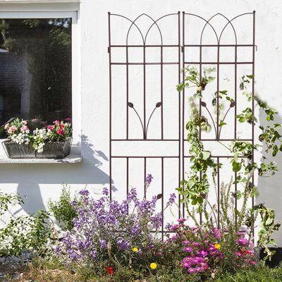 Treillis de jardin en métal 71 po x 17,7 po brun, rouille, supporte les haricots, les pois, facile à assembler pour le treillis extérieur, antirouille, concombre, support pour plantes, installation