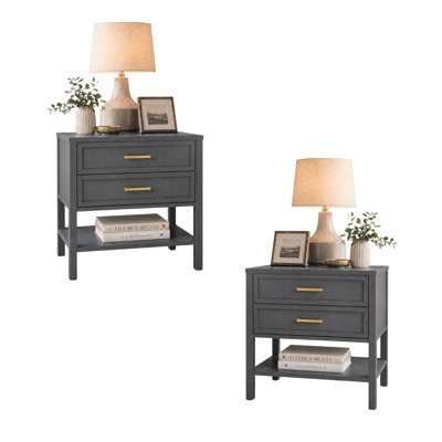 Elora Set Of 2 Drawer Wood Nightstand, Bedside Tables With Storage Drawers, Compact Wood Night Stands For Bedroom, End Table Or Side Table For Living Room, 15.5" D X 23.6" W X 24.2" H, Dark Gray