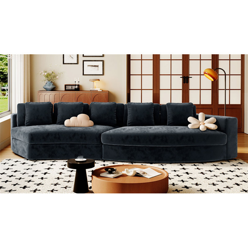 Canapé modulaire rembourré en chenille avec coussins Raniel, Chenille bleu marine