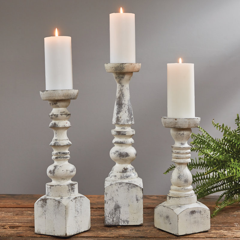 15'' H Wood Tabletop Candlestick, White