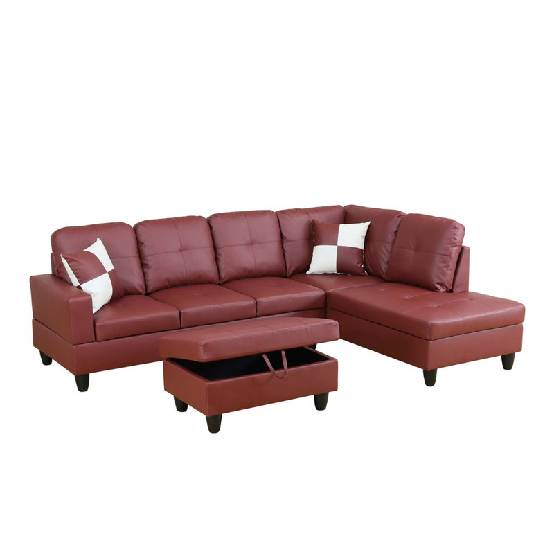 Ensemble de canapé de salon en faux cuir rouge foncé B (3 pièces S + C + O) avec repose-pieds de rangement, structure en bois massif et ressorts à haute élasticité