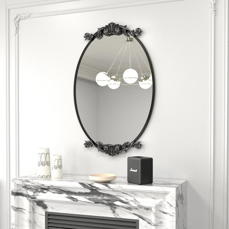 Dieudson Oval Aluminum Alloy Baroque Wall Mirror, 32" x 20", Matte Black