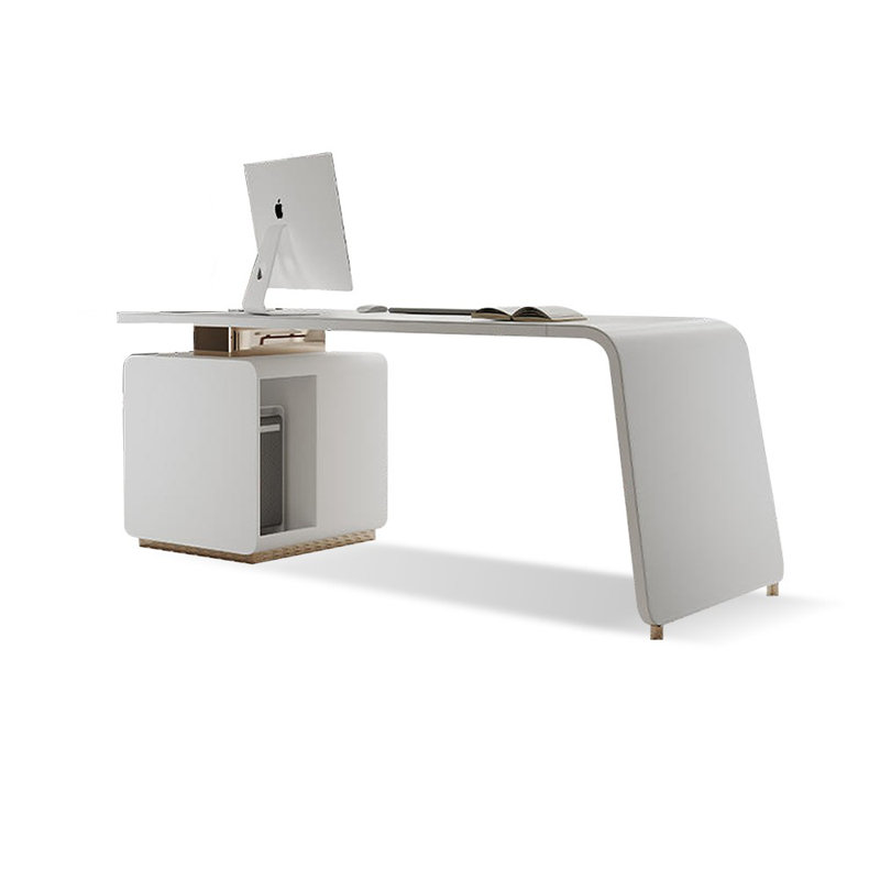 Bureau rectangulaire en bois manufacturé blanc + cuir avec 3 tiroirs, H 30,31 po x l 70,87 po x P 27,56 po