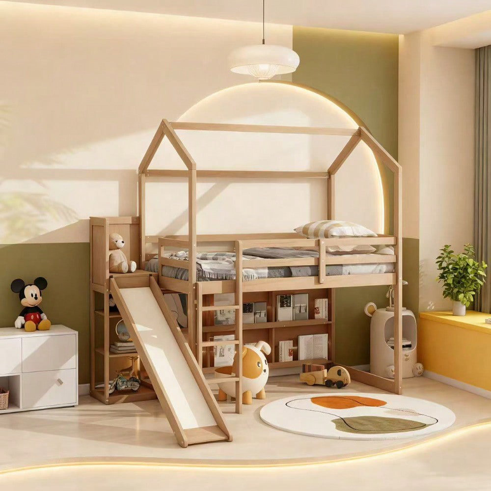 One Allium Way® Twin Size Wood House Loft Bed with Slide, Climbing Ramp ...