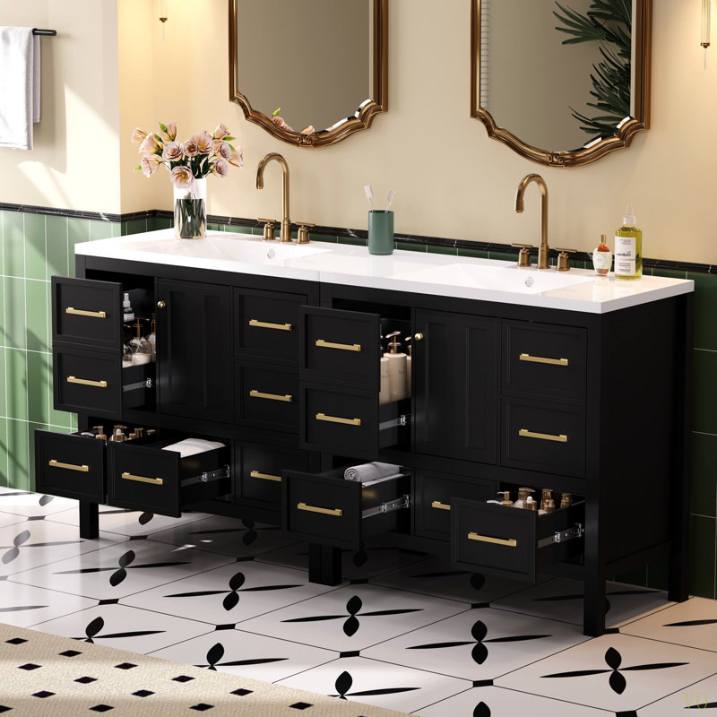Ensemble de meuble-lavabo 72 po avec lavabo en résine, armoire de rangement en bois massif, ensemble de meuble-lavabo autoportant avec 5 portes à fermeture douce