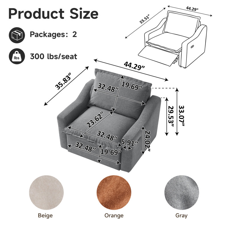 Fauteuil inclinable électrique en tissu avec ports de chargement USB, canapé une place zéro gravité avec accoudoirs inclinés - Gris