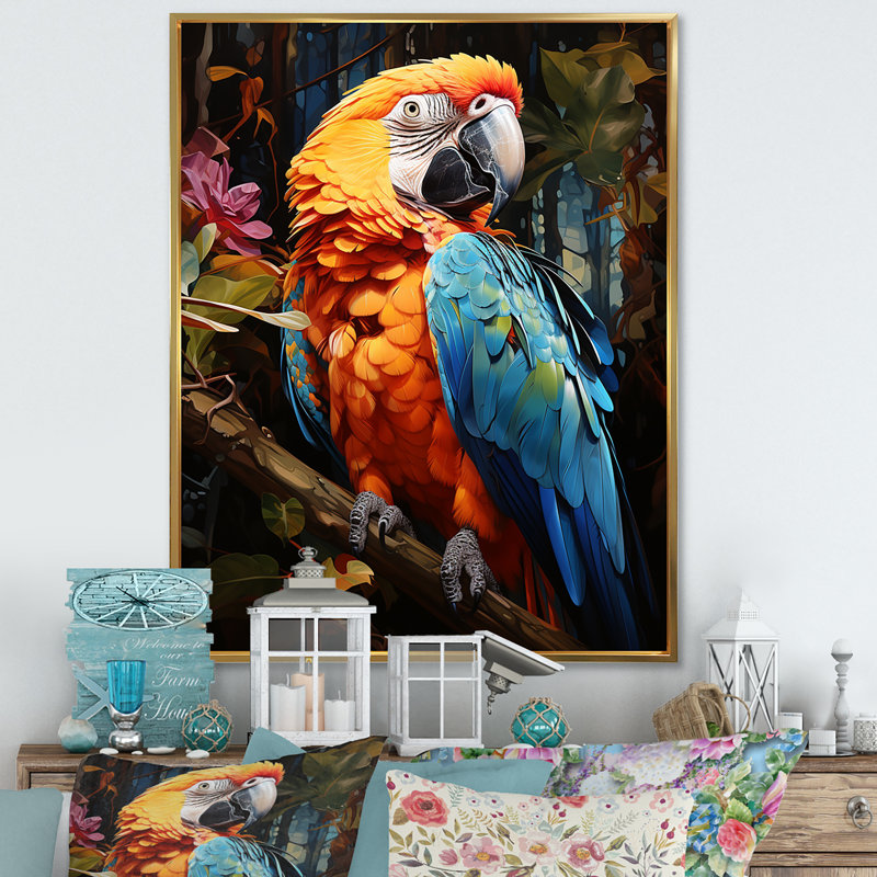 Perroquet, jungle tropicale, euphonie sur toile, Cadre flottant doré, H 40 po x l 30 po x P 1,5 po