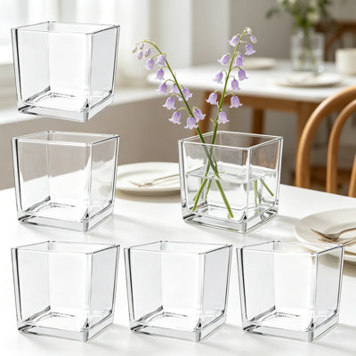 Paquet de 6 vases en verre carrés de 4 x 4 x 4 pouces, vases cubiques transparents pour centres de table, vases à fleurs en verre épaissi, terrarium pour plantes, bougeoir flottant pour les événements de mariage, de fête, de bureau, de décoration intérieure