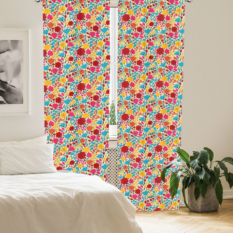 Colorful Floral Multicolor Polyester Rod Pocket Curtain Panels