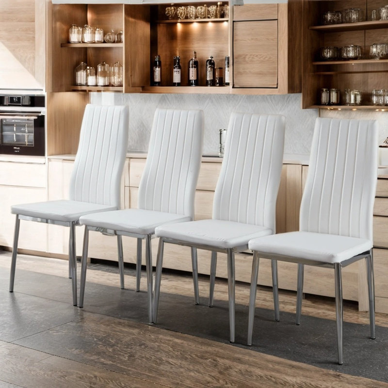 Modern Dining Chairs Set Of 4, Metal Legs, Silver, White