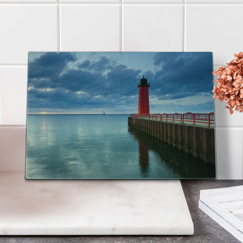 Ambesonne Wisconsin Tempered Glass Cutting Board Dramatic Sky Lighthouse Multicolor