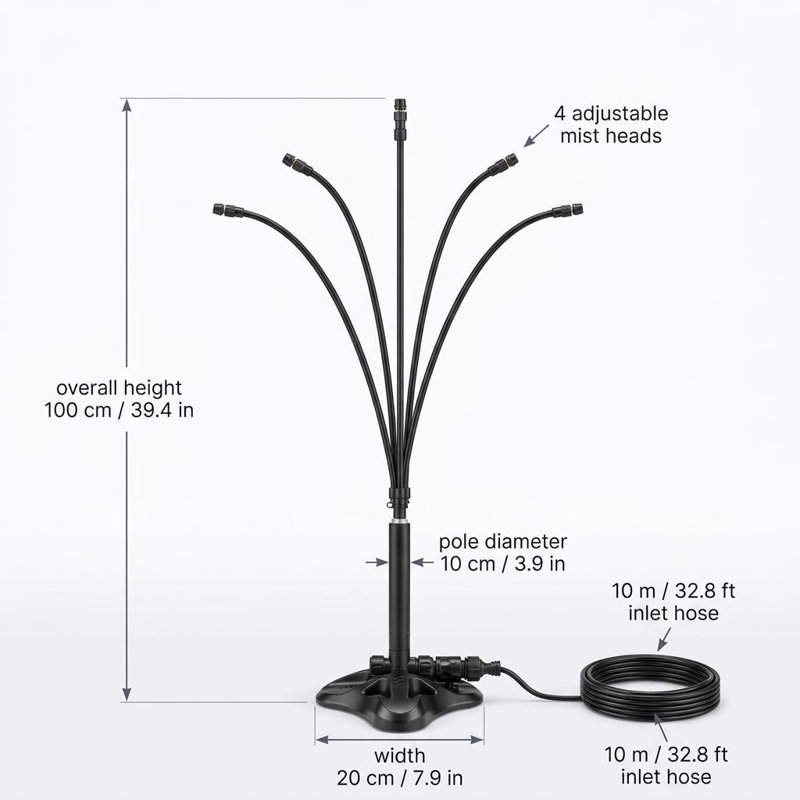 Freestanding Outdoor Misting Cooling System – 4 Adjustable Mist Heads, 10M (29FT) Hose, ABS Construction, Connectable Patio for Lawn, Garden, Poolside, Black