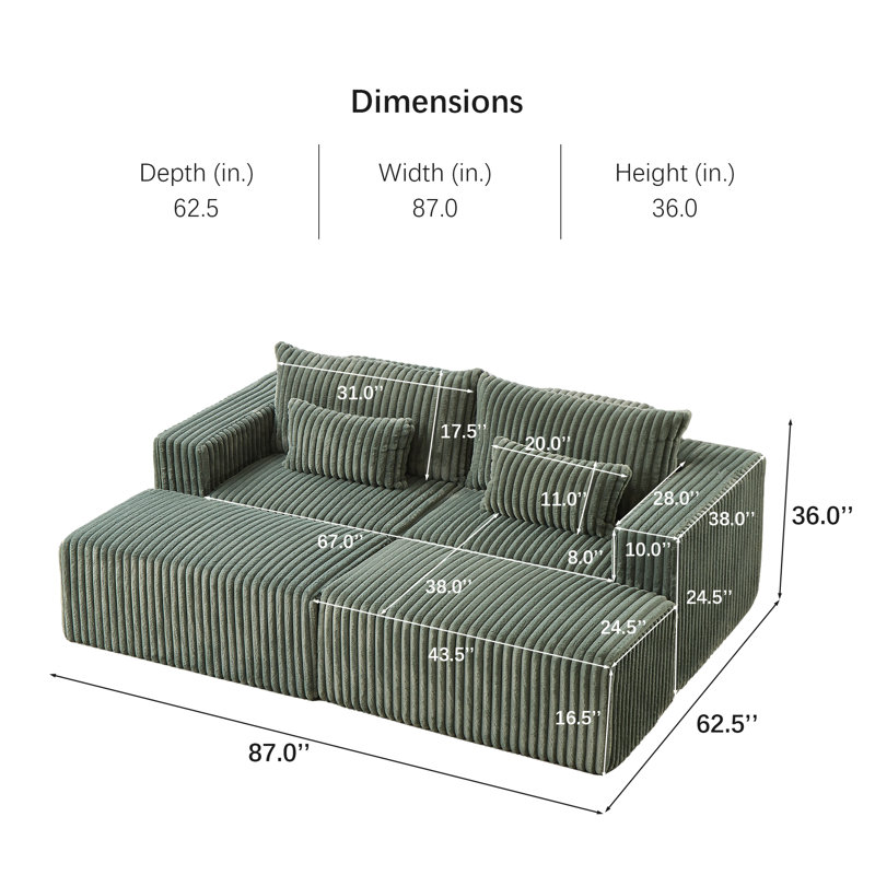 87" Oversized Loveseat With Two Removable Ottomans, Army Green