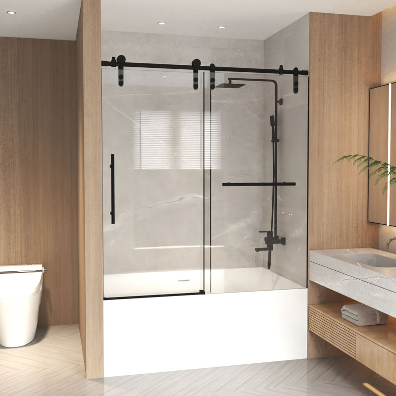 Porte de baignoire coulissante sans cadre, H 56-60 "x 66", verre trempé transparent 5/16 ", acier inoxydable, finition noir mat