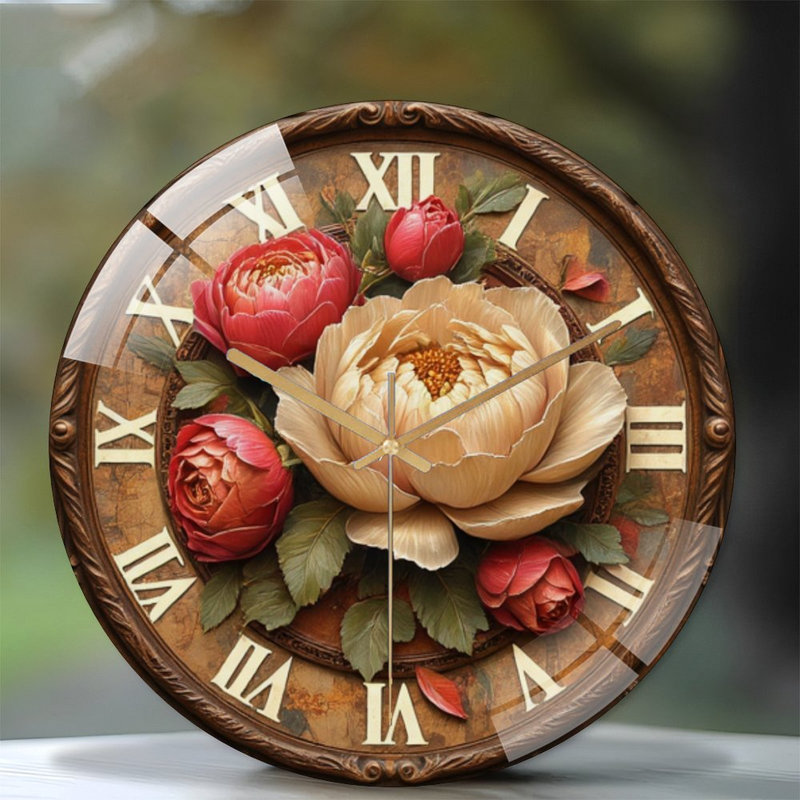 Horloge murale ornée de pivoines sculptées - Horloge murale moderne en verre 12 po