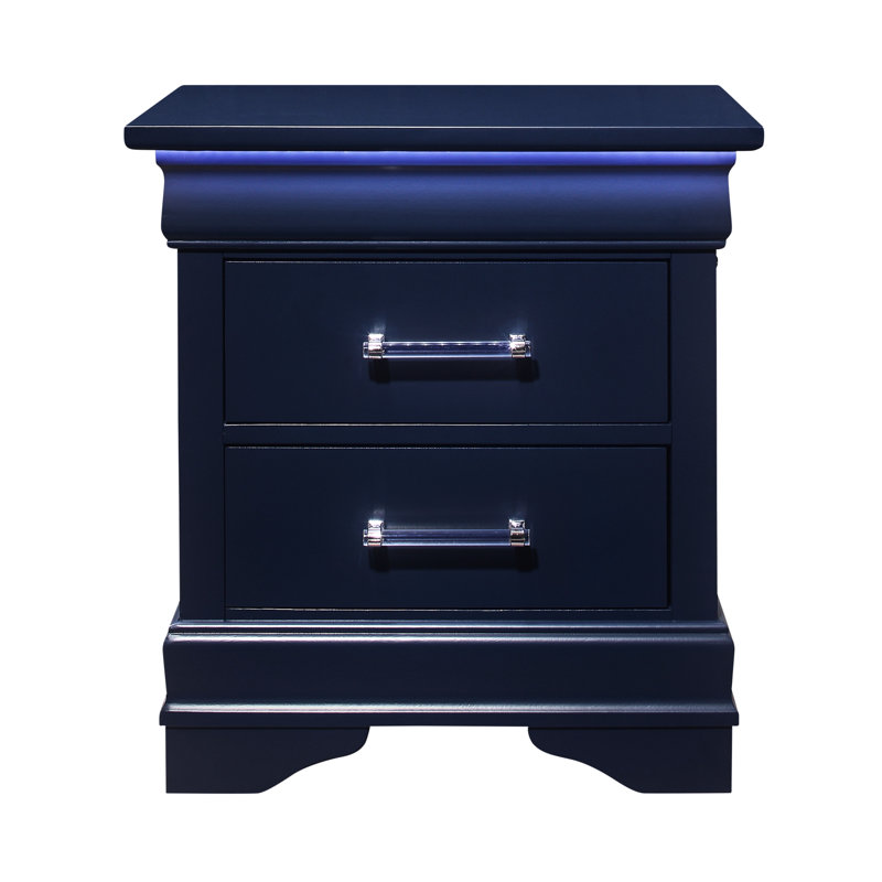 Blue Spacious Nightstand With Led - Transitional Look 2 Spacious, Solid &
