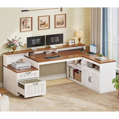 63" L Shaped Desk With Drawers, Farmhouse Corner Computer Desk